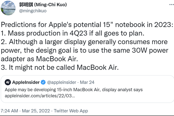 郭明錤：苹果正在开发15英寸MacBook 将采用30W电源